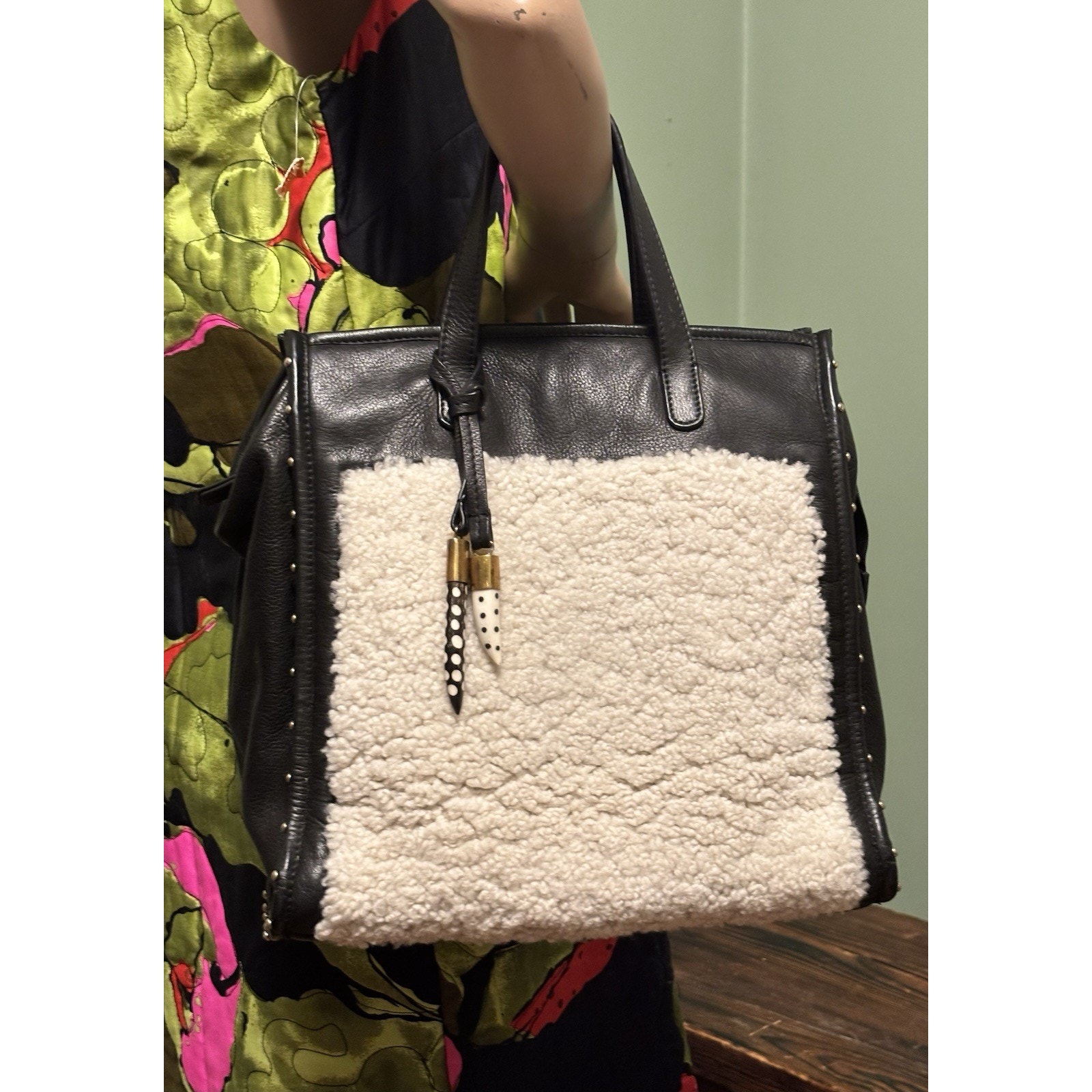 Kempton & Co. Black Leather/Natural Shearling Ballabriggs Tote Bag W/Strap